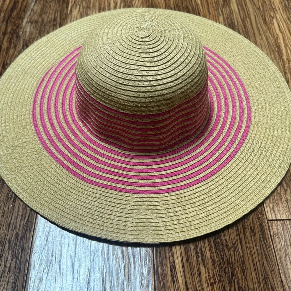 LOFT pink tan stripe woven straw wide brim floppy sun hat size small/medium